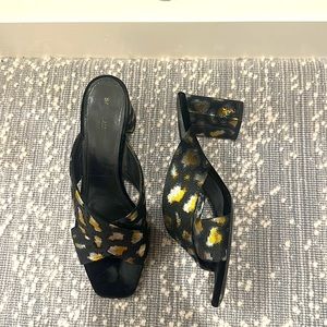 Saint Laurent gold and silver iridescent leopard print mule sandal. Size 42